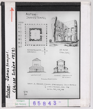 Vorschaubild Autun: Janus-Tempel, Grundriss, Rekonstrukionen, Skizzen Wolfgang Schöne 1959 